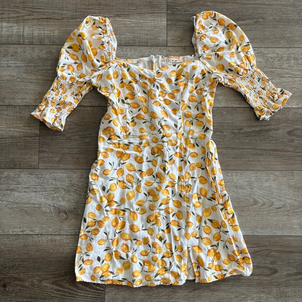 Mi Ami Mini Dress Womens S White Lemon Print Puff Sleeve Linen Rayon Amaria Boho
